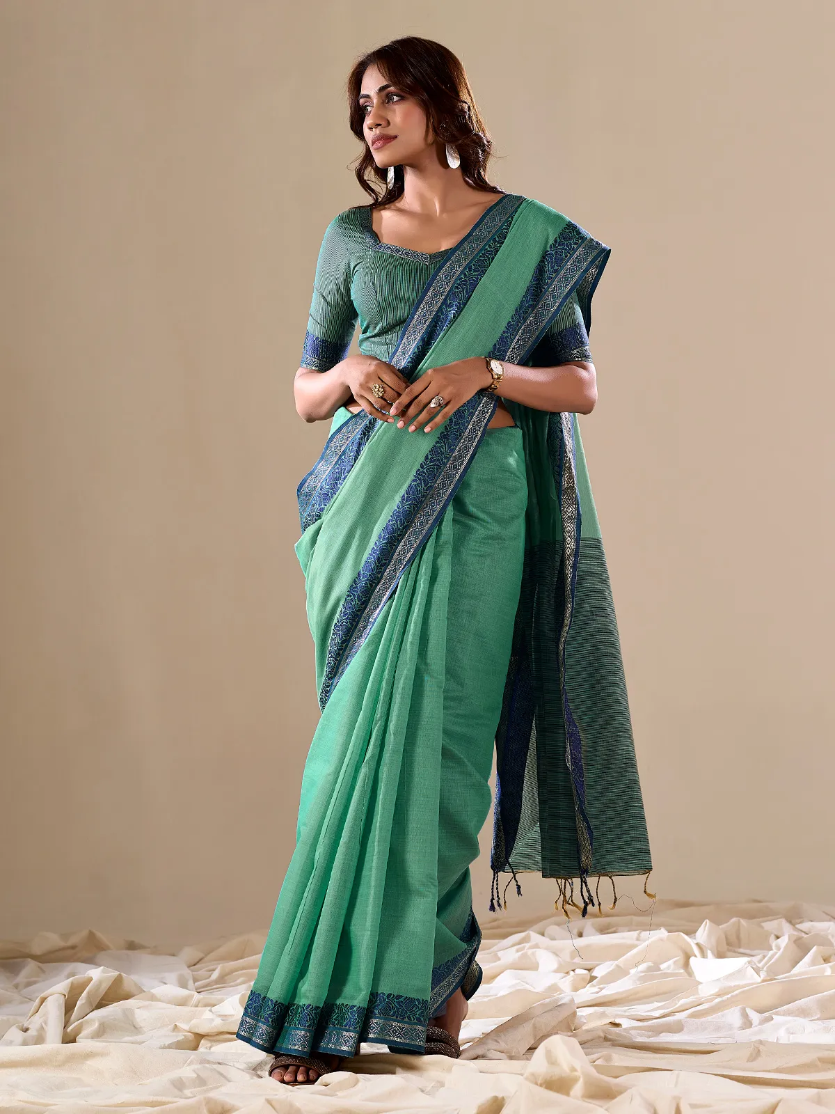 Sea green cotton plain saree