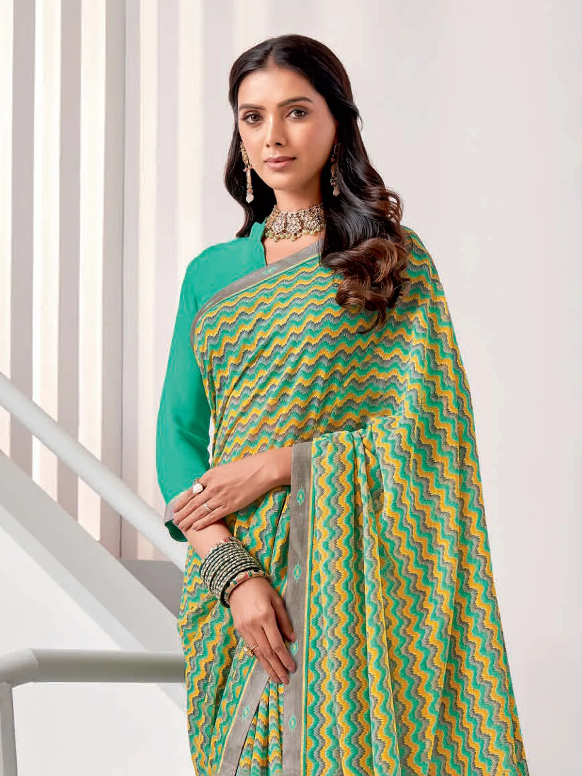 Sea green georgette printed saree