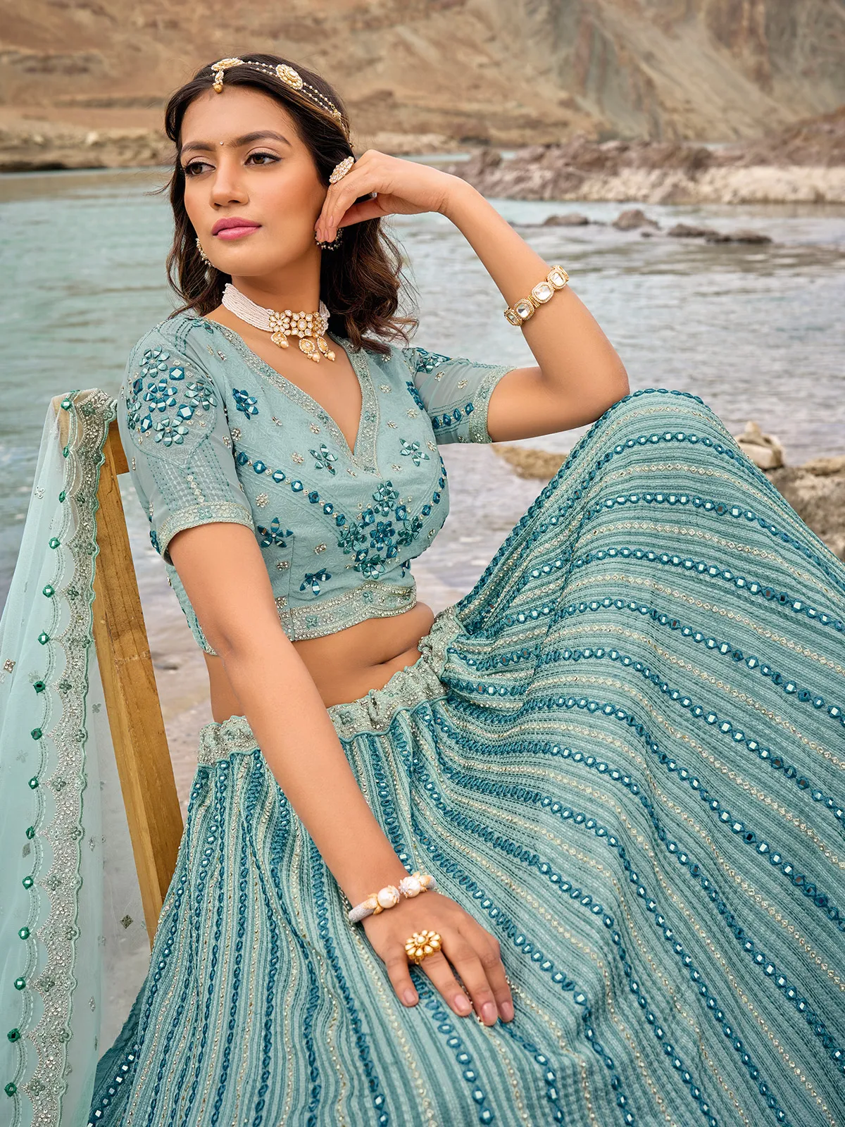 Sea green georgette unstitched lehenga choli