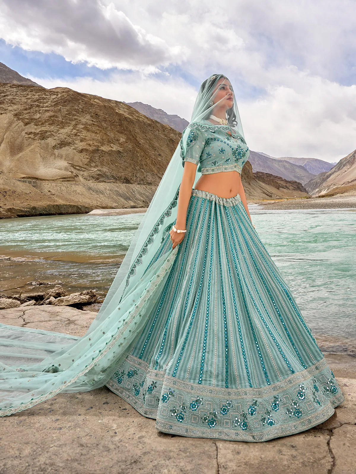 Sea green georgette unstitched lehenga choli