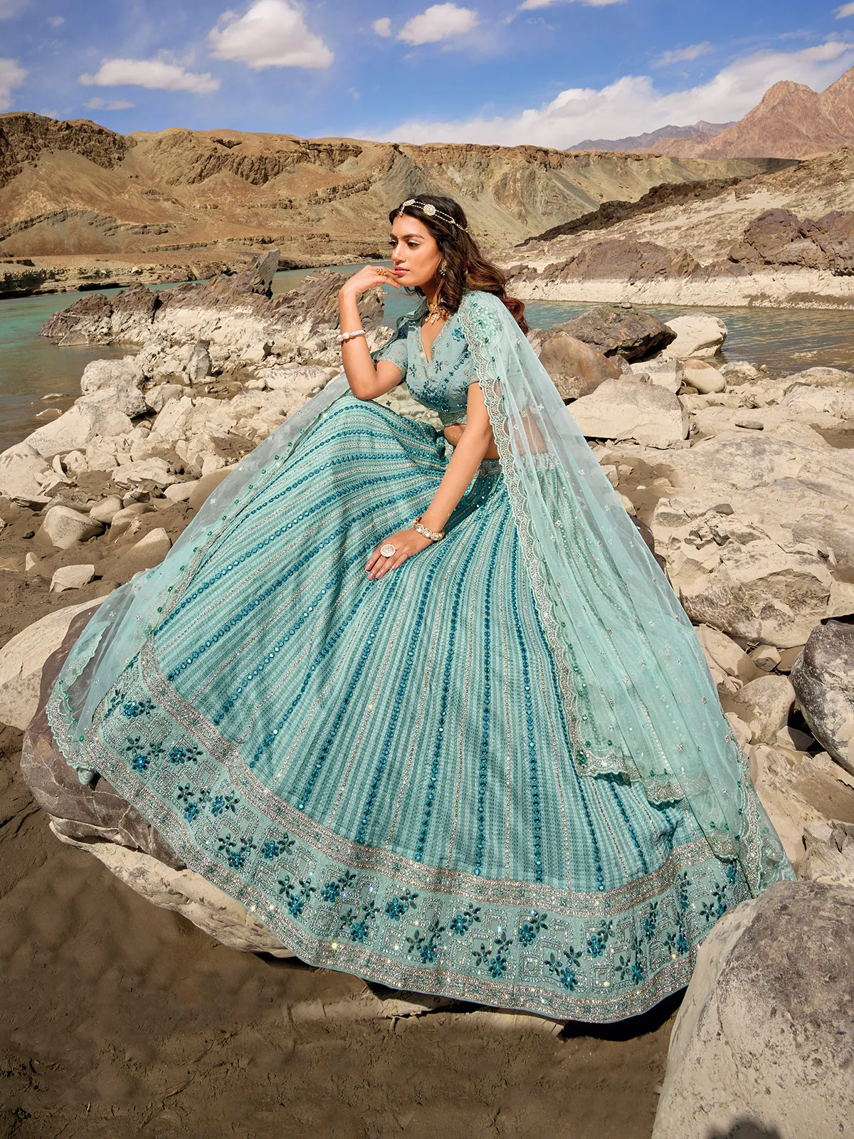 Sea green georgette unstitched lehenga choli