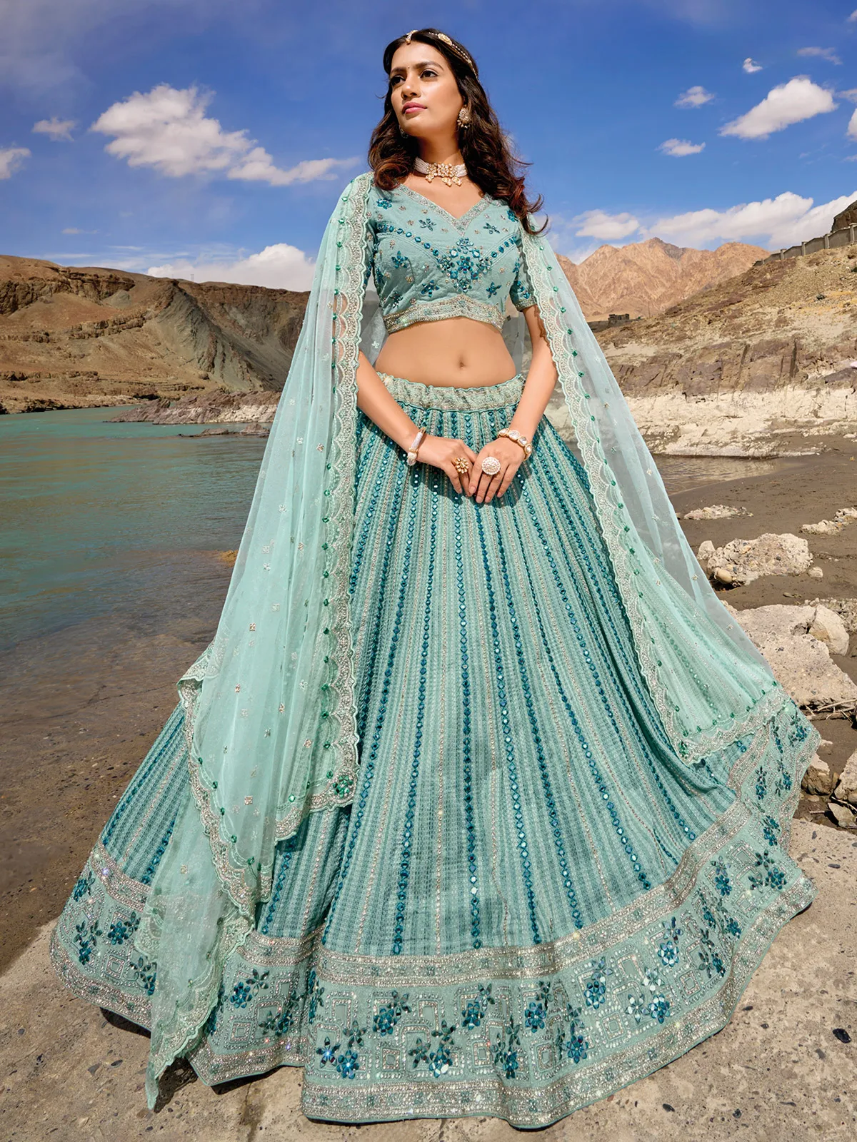 Sea green georgette unstitched lehenga choli