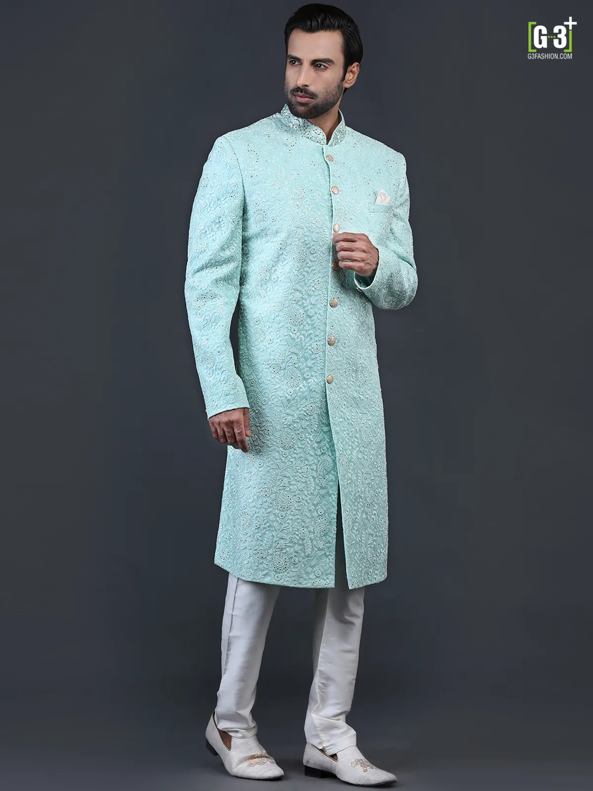 Sea green net fabric sherwani for wedding occasions