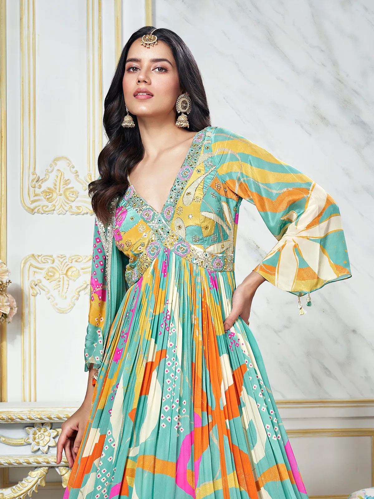 Sea green printed silk anarkali suit