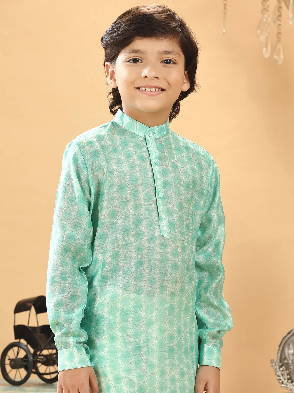 Sea green printed silk kurta suit