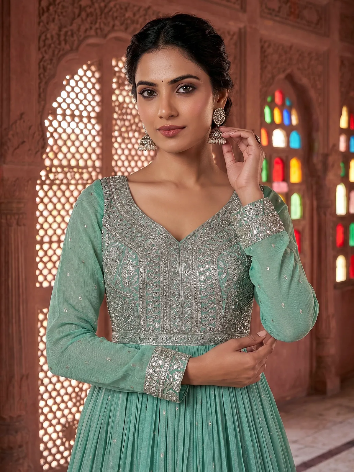 sea green anarkali dress Sea green silk embellished anarkali suit with dupatta