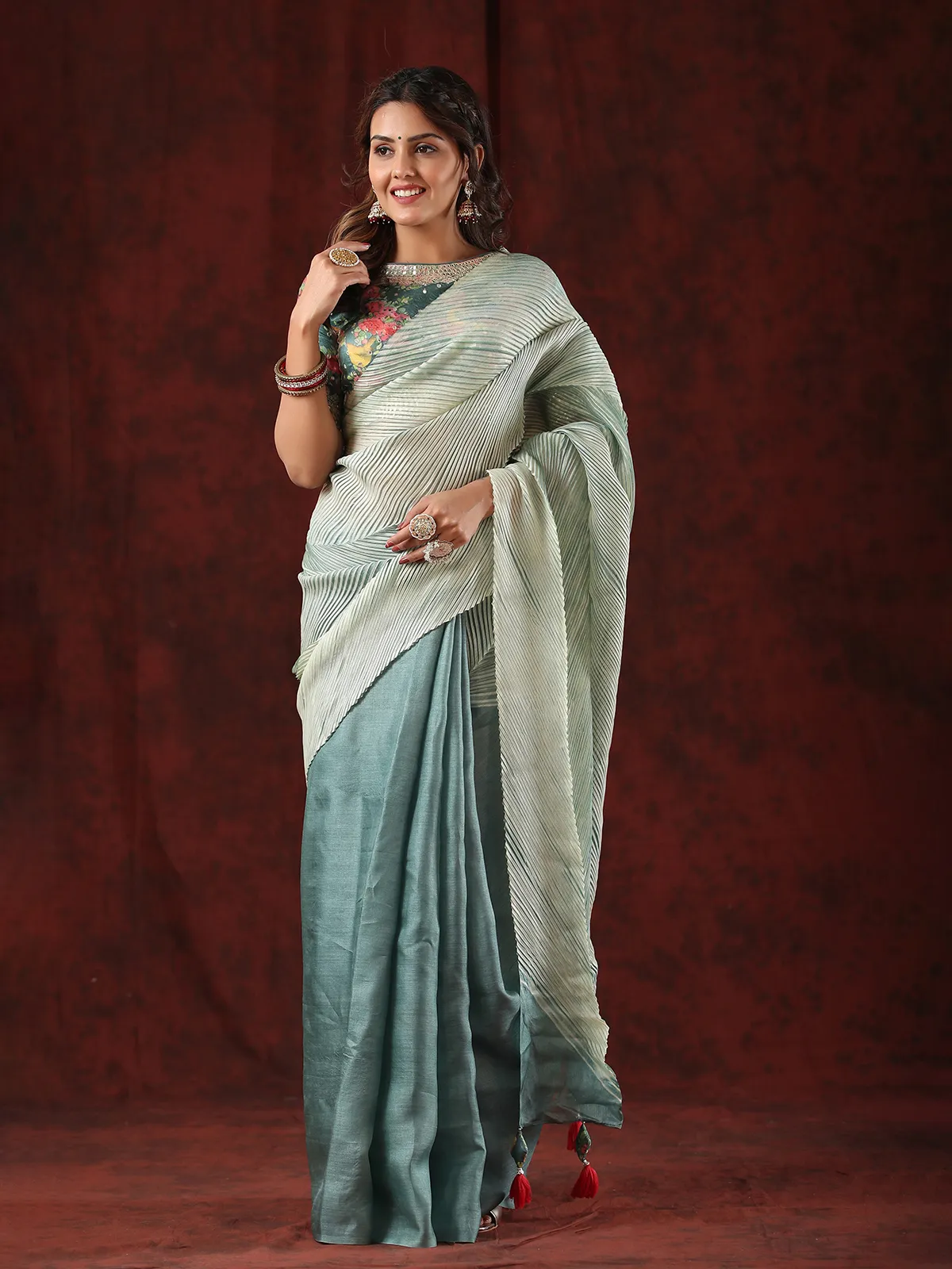 sea green tussar silk half n half saree