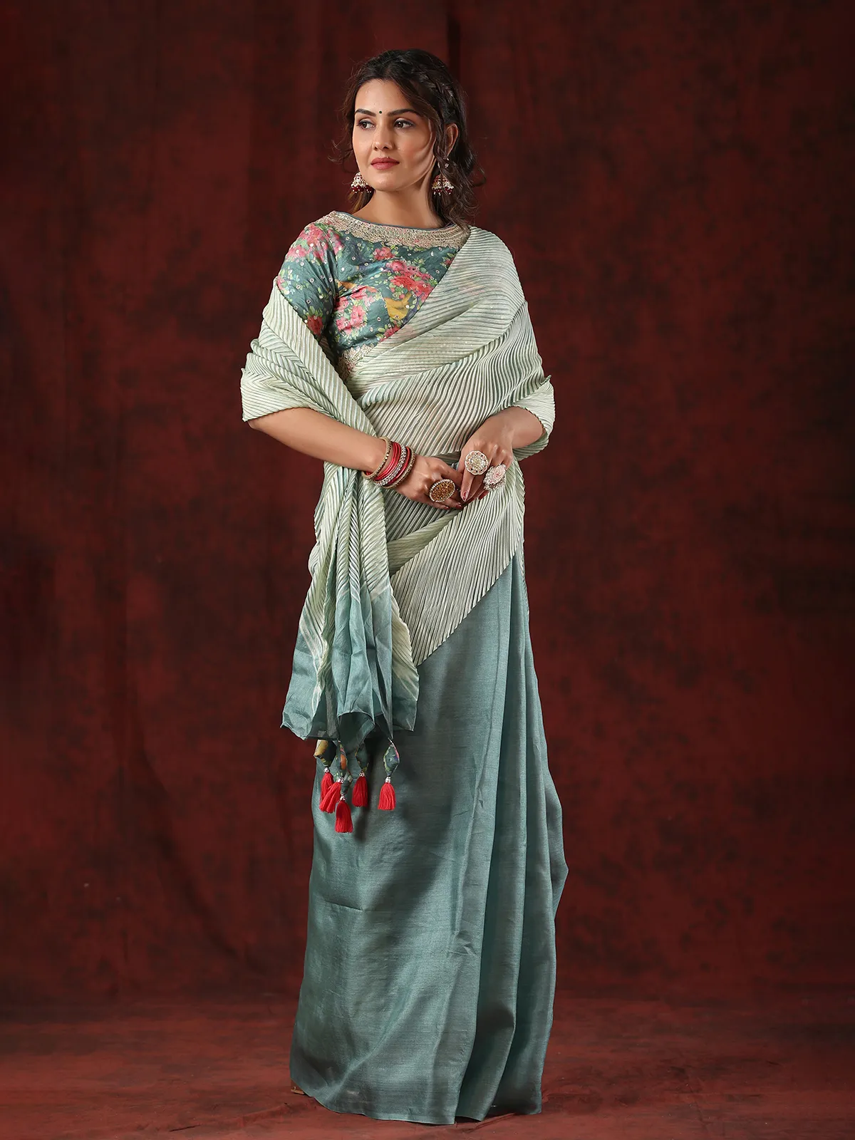 sea green tussar silk half n half saree