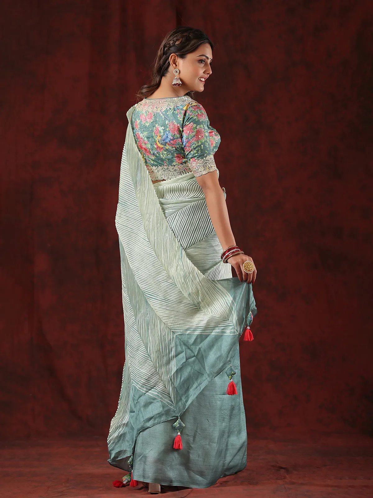 sea green tussar silk half n half saree