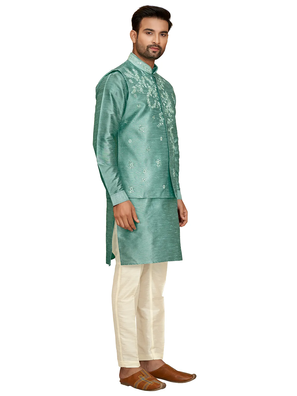 Sea green waistcoat set in silk