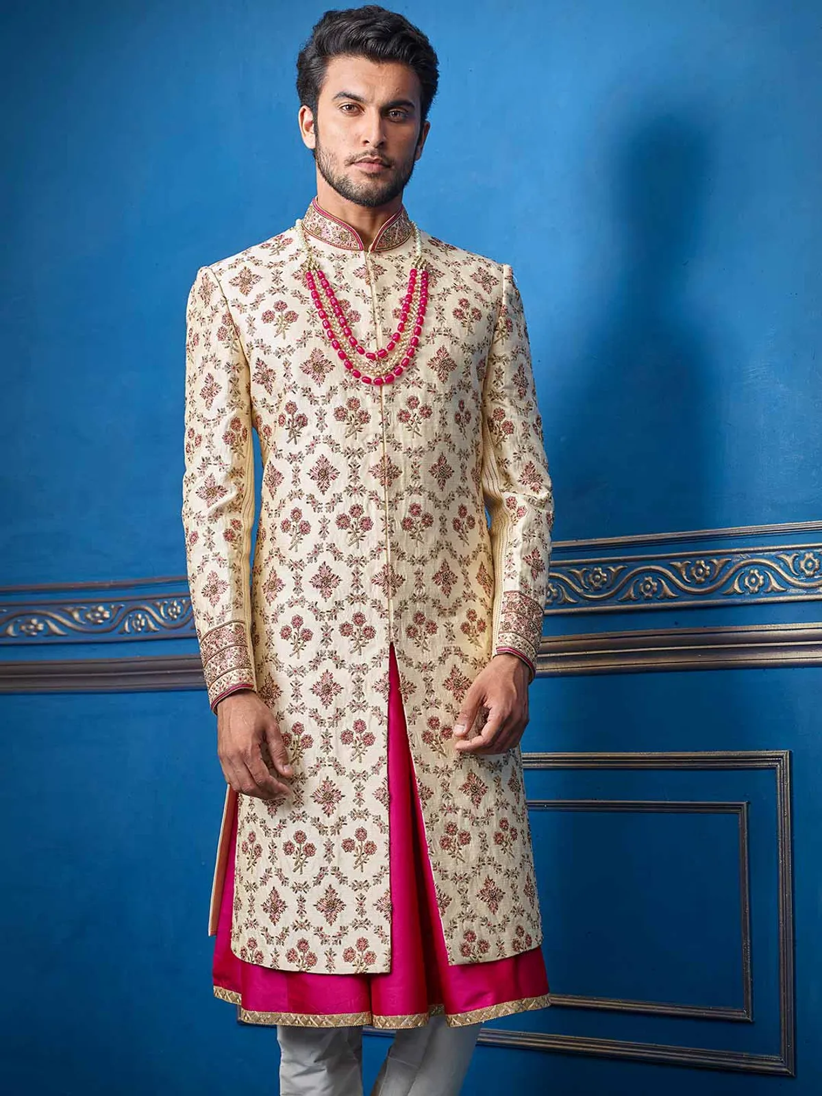 Sherwani in beige raw silk