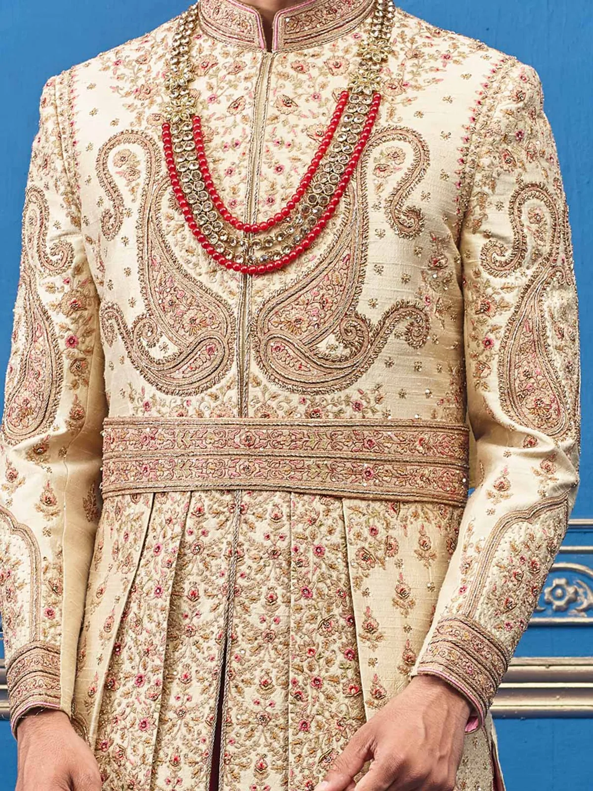Sherwani in cream raw silk for groom
