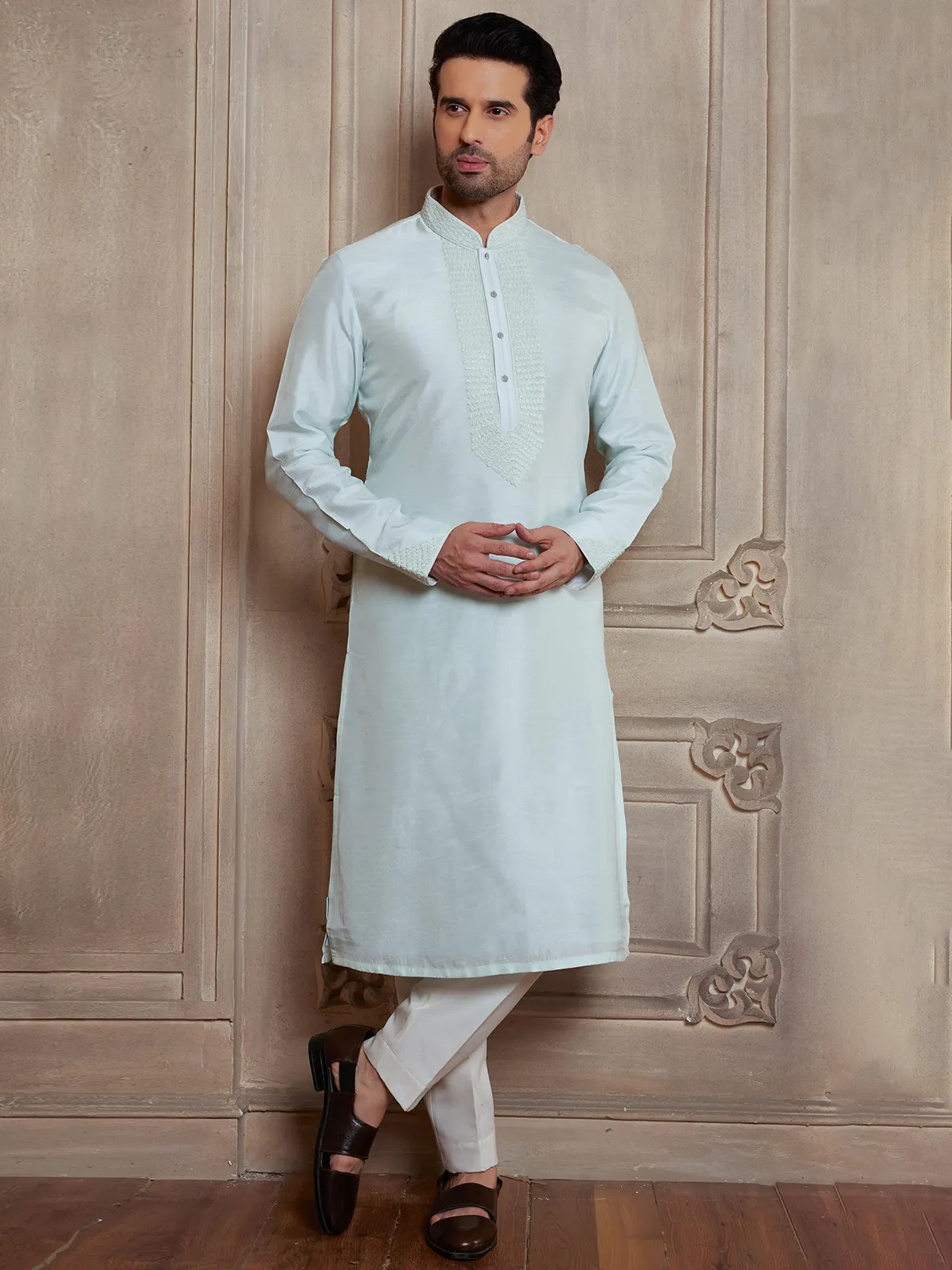 Shiny light green raw silk  Men Kurta pajama