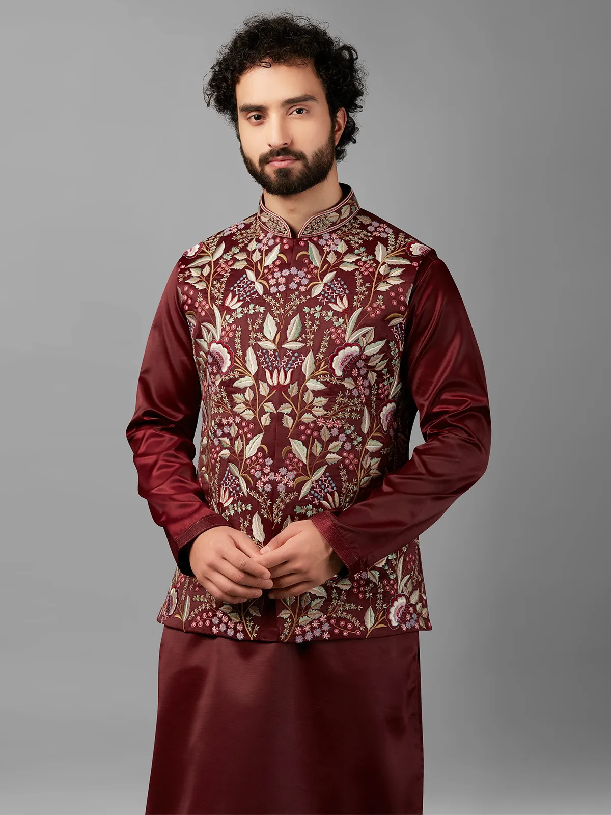 Shiny maroon silk waistcoat set