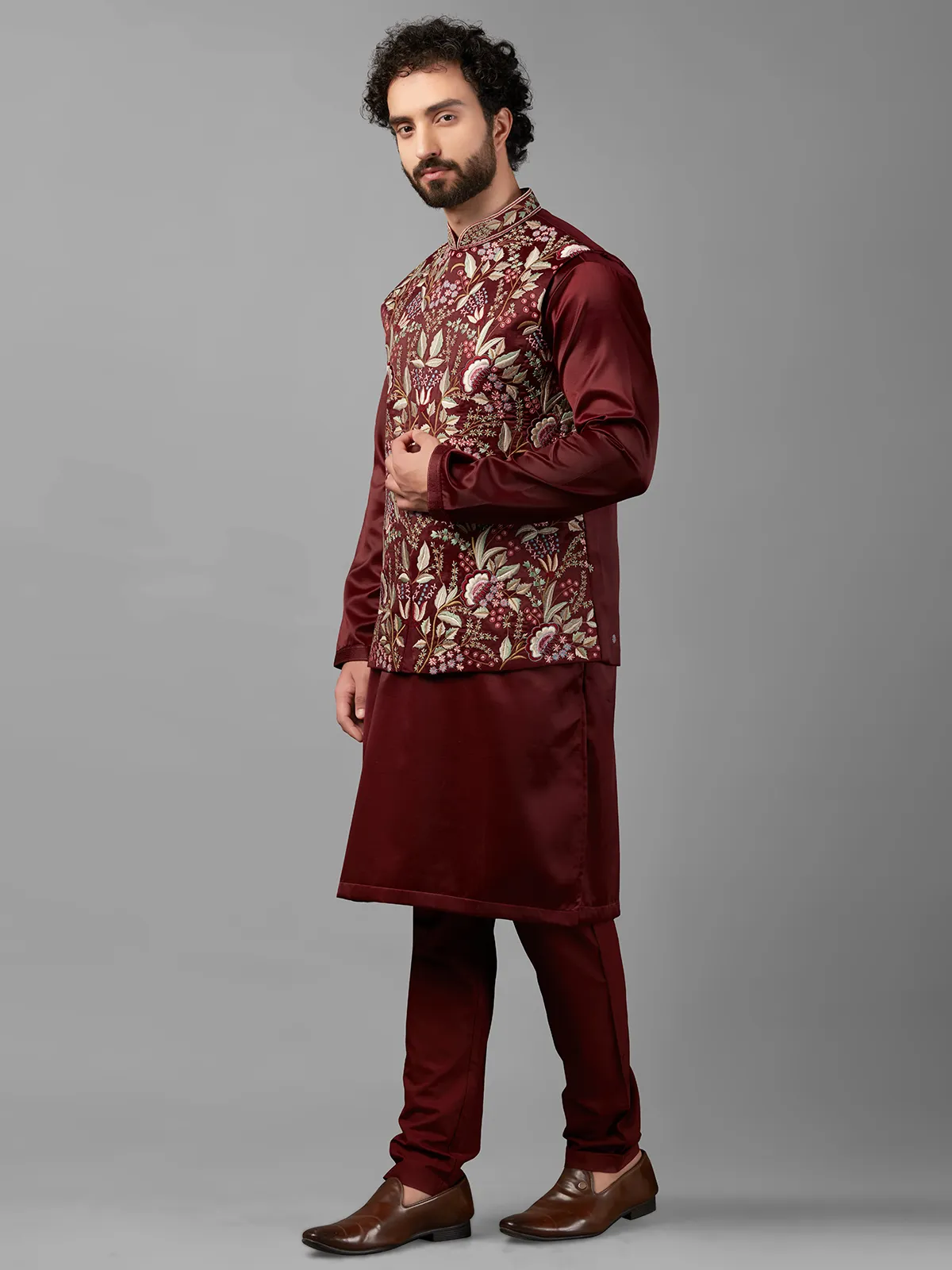 Shiny maroon silk waistcoat set