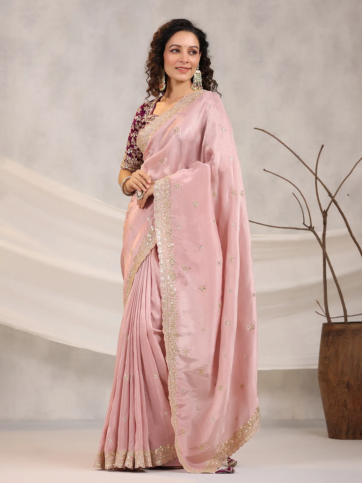 Shiny silk pink saree
