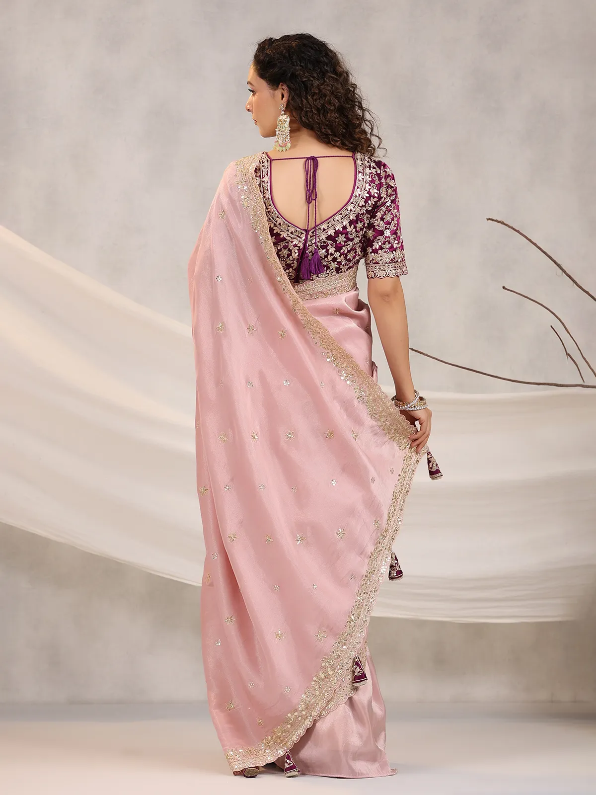 Shiny silk pink saree