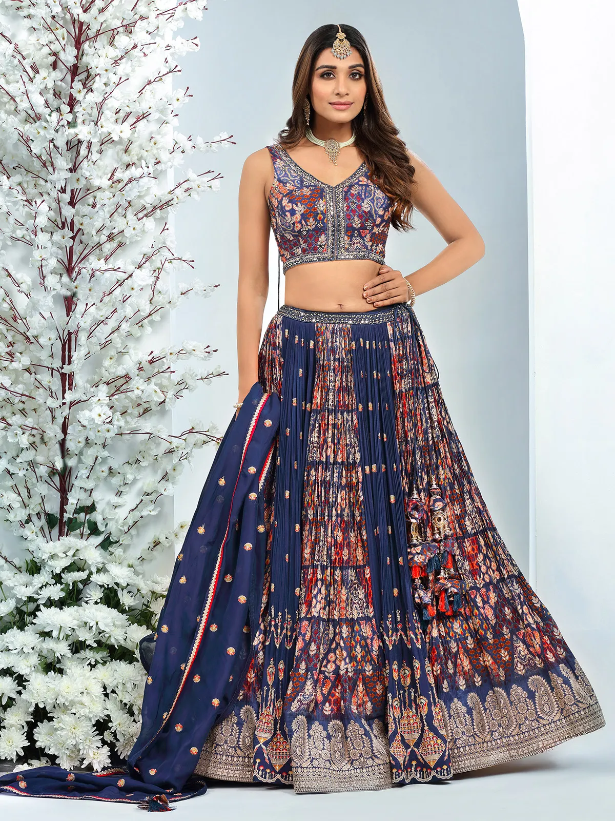 Shiny silk printed navy lehenga choli