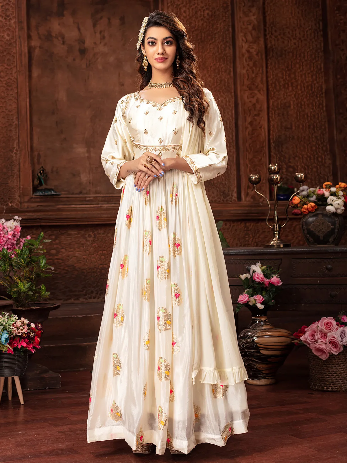 Silk anarkali floor length suit in off white