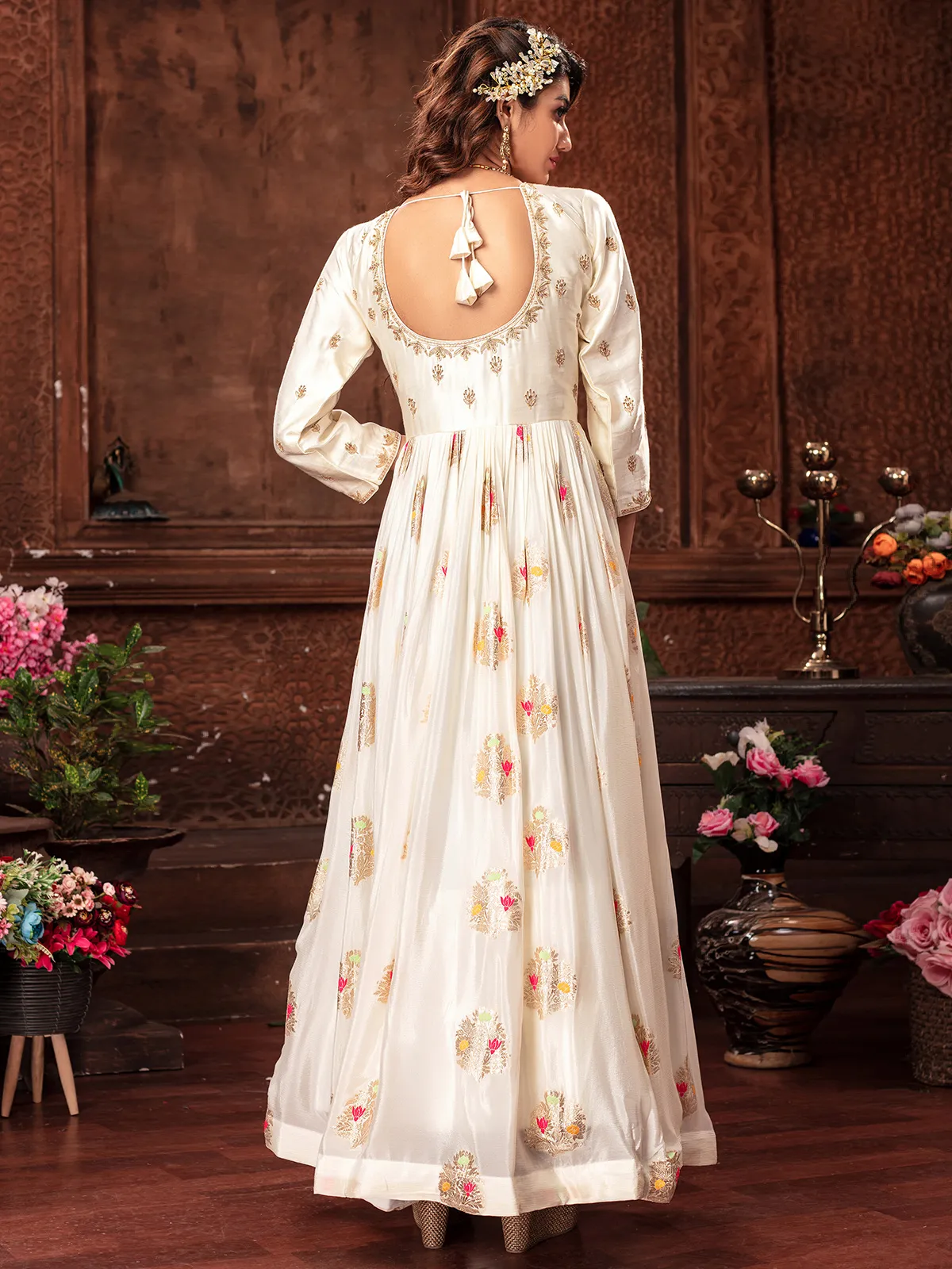 Silk anarkali floor length suit in off white