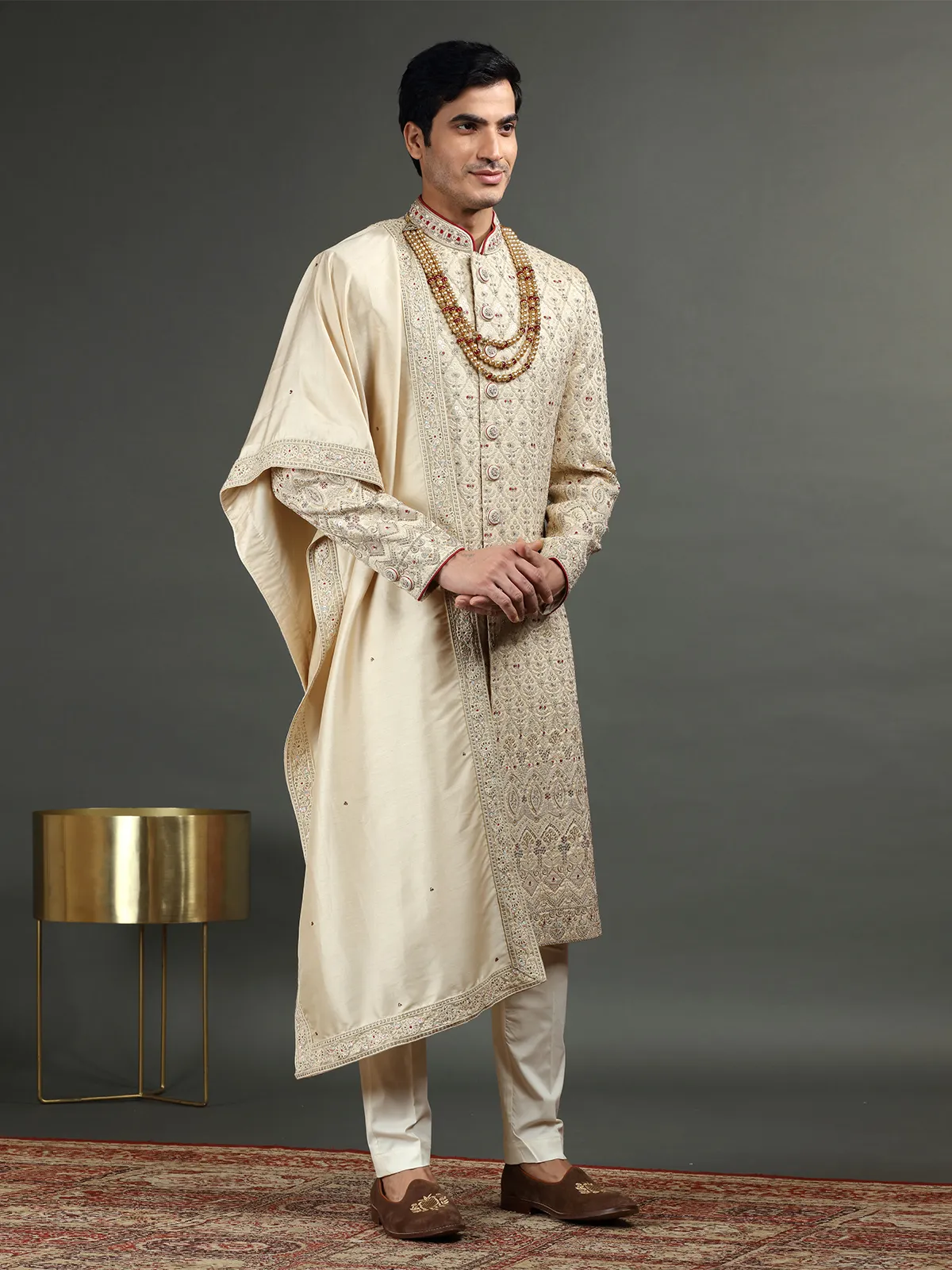 Silk beige groom wear sherwani