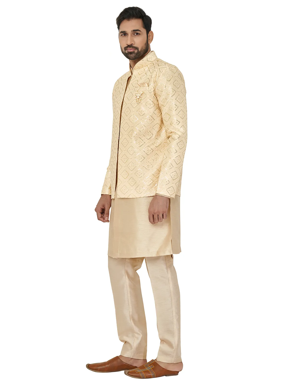 Silk beige indowestern for wedding wear