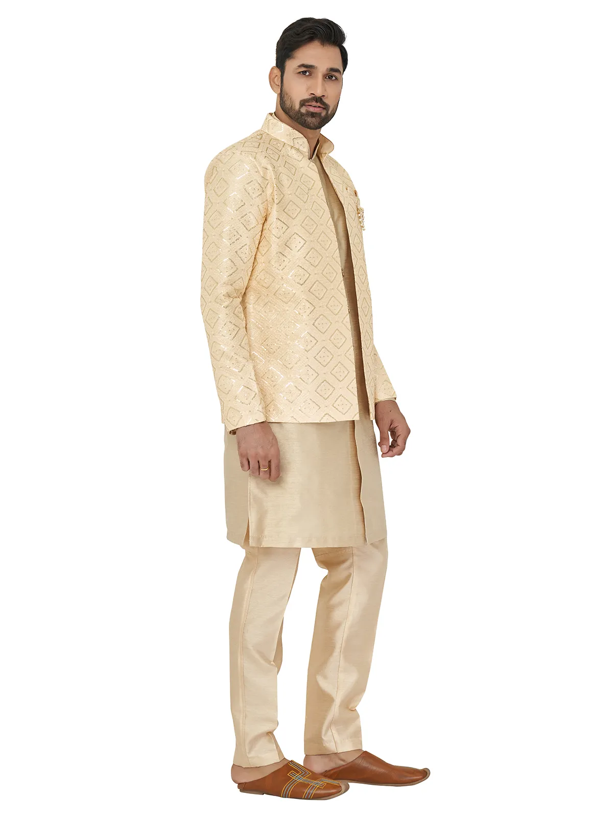 Silk beige indowestern for wedding wear