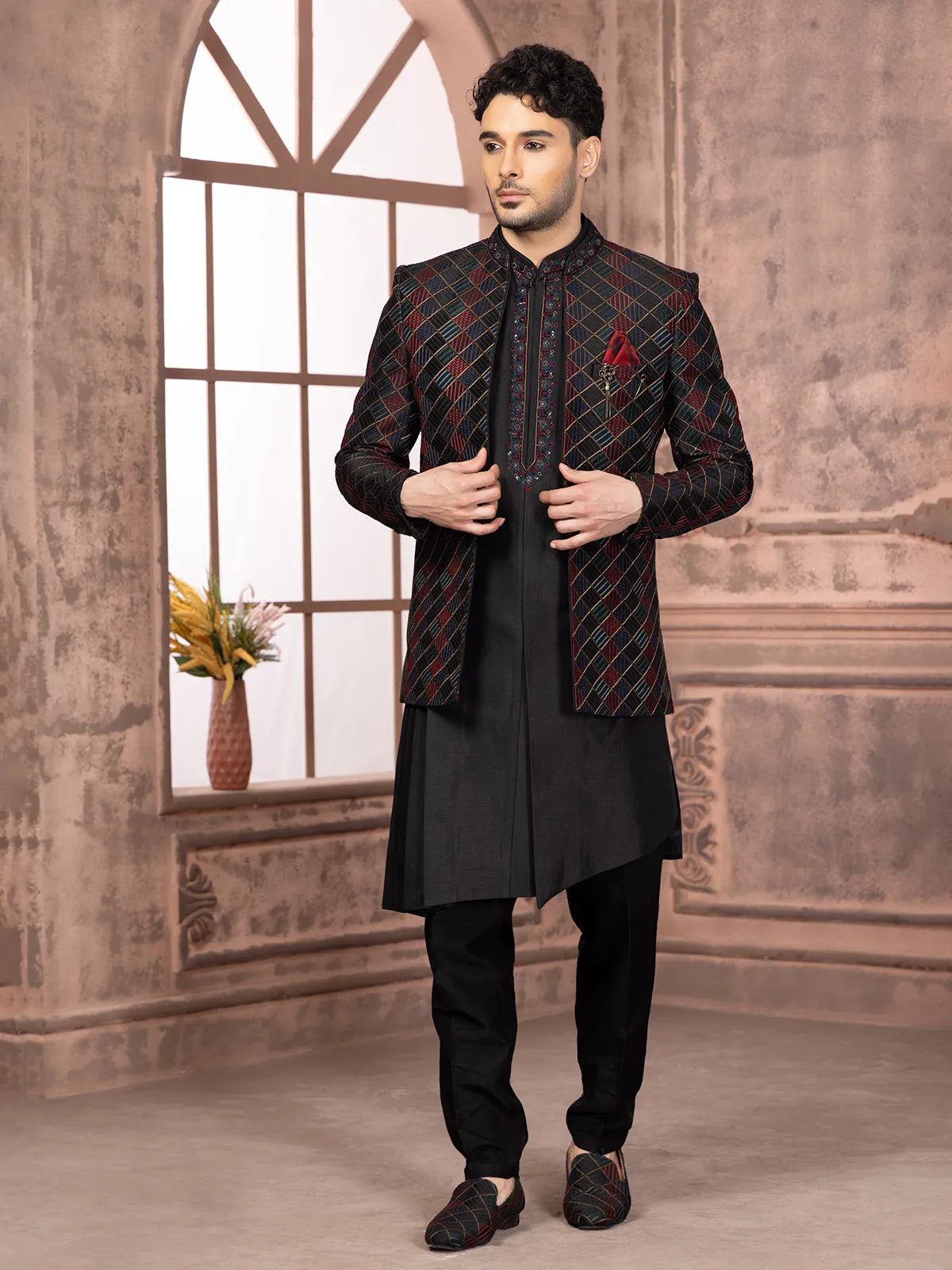 Silk black embroidery indowestern