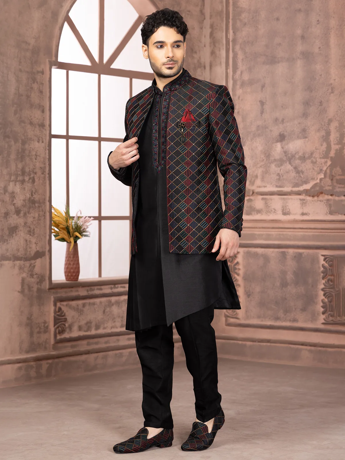 Silk black embroidery indowestern