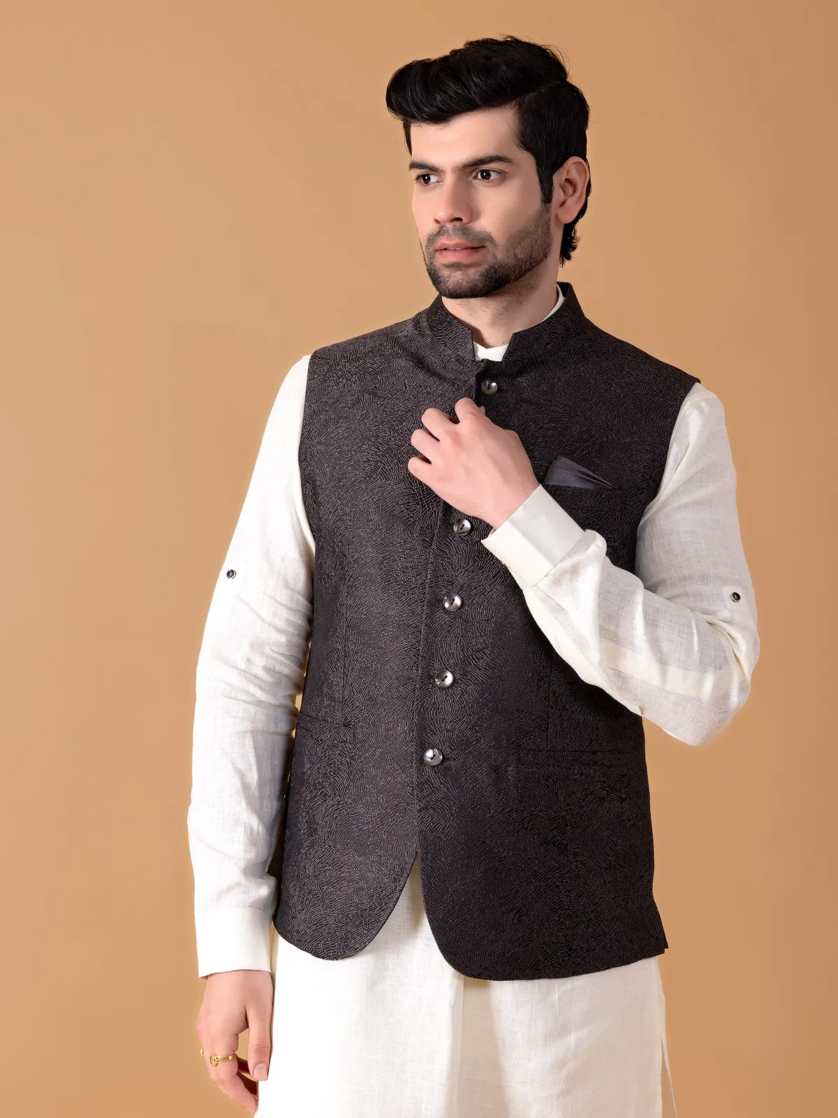 Silk black textured waistcoat