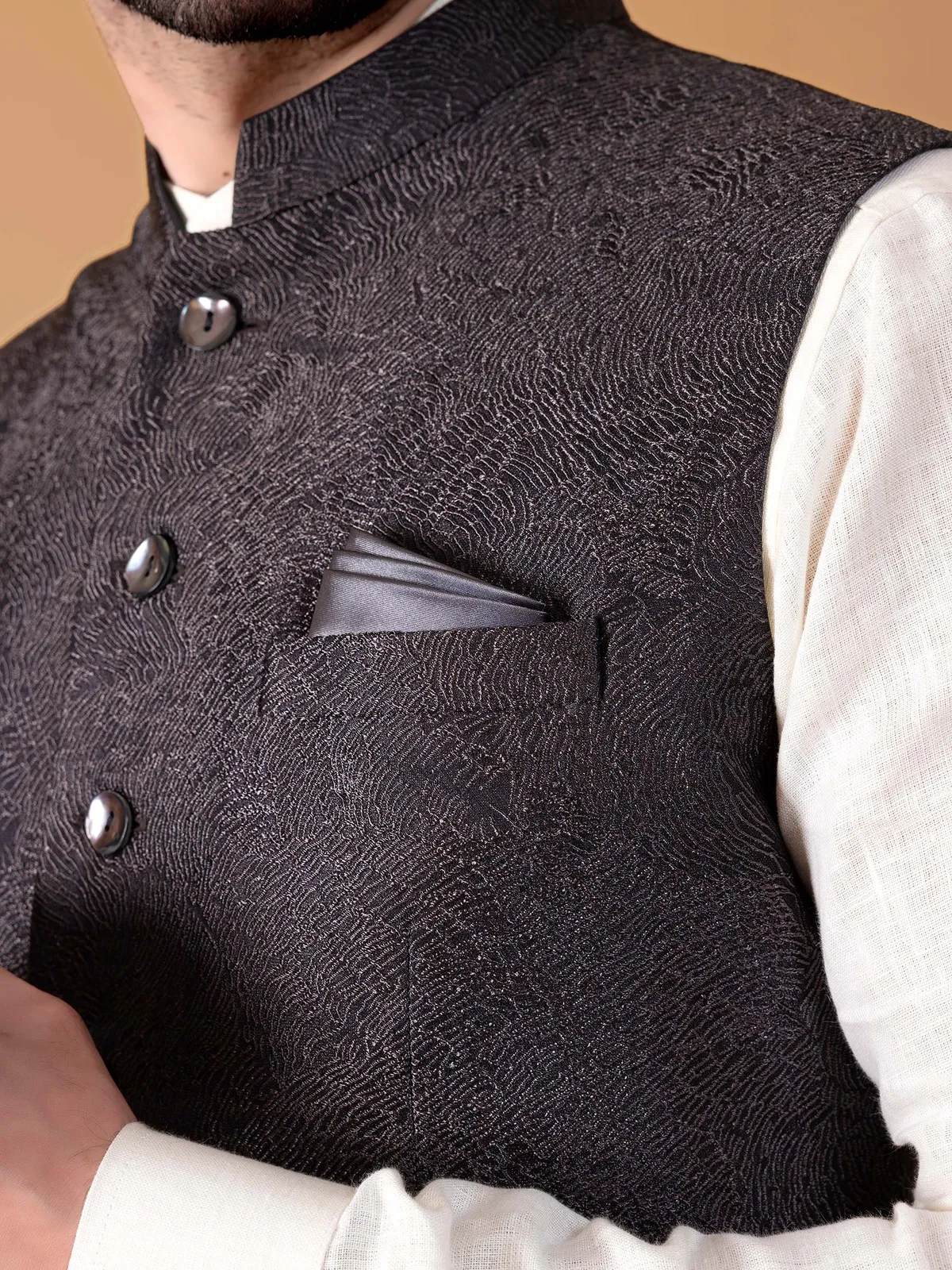 Silk black textured waistcoat