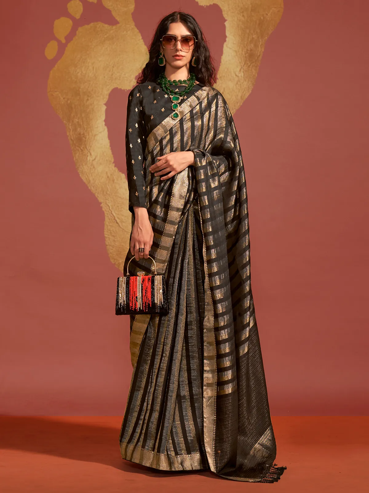 Silk black zari weaving saree