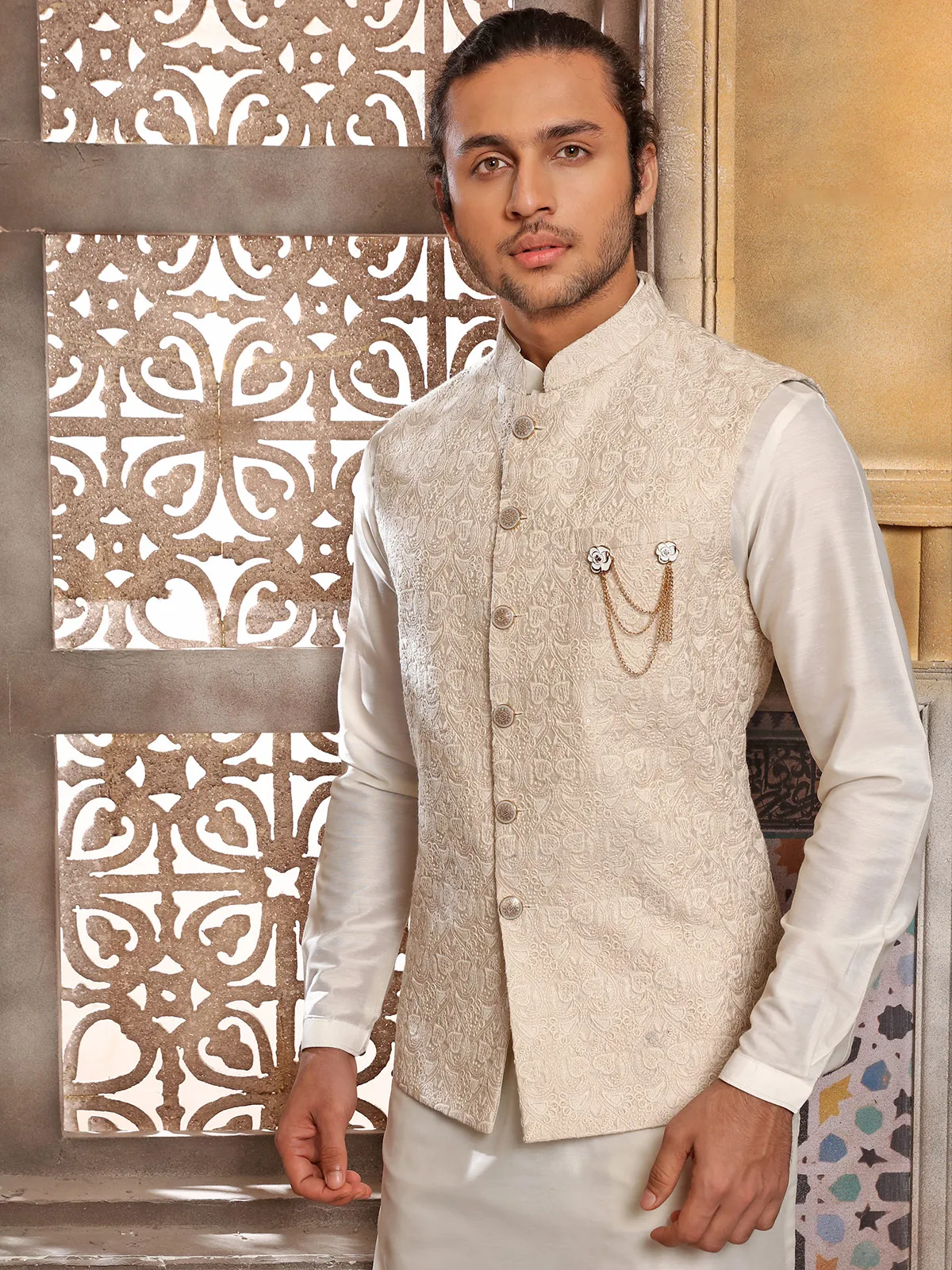 Silk cream color wedding wear men waistcoat set