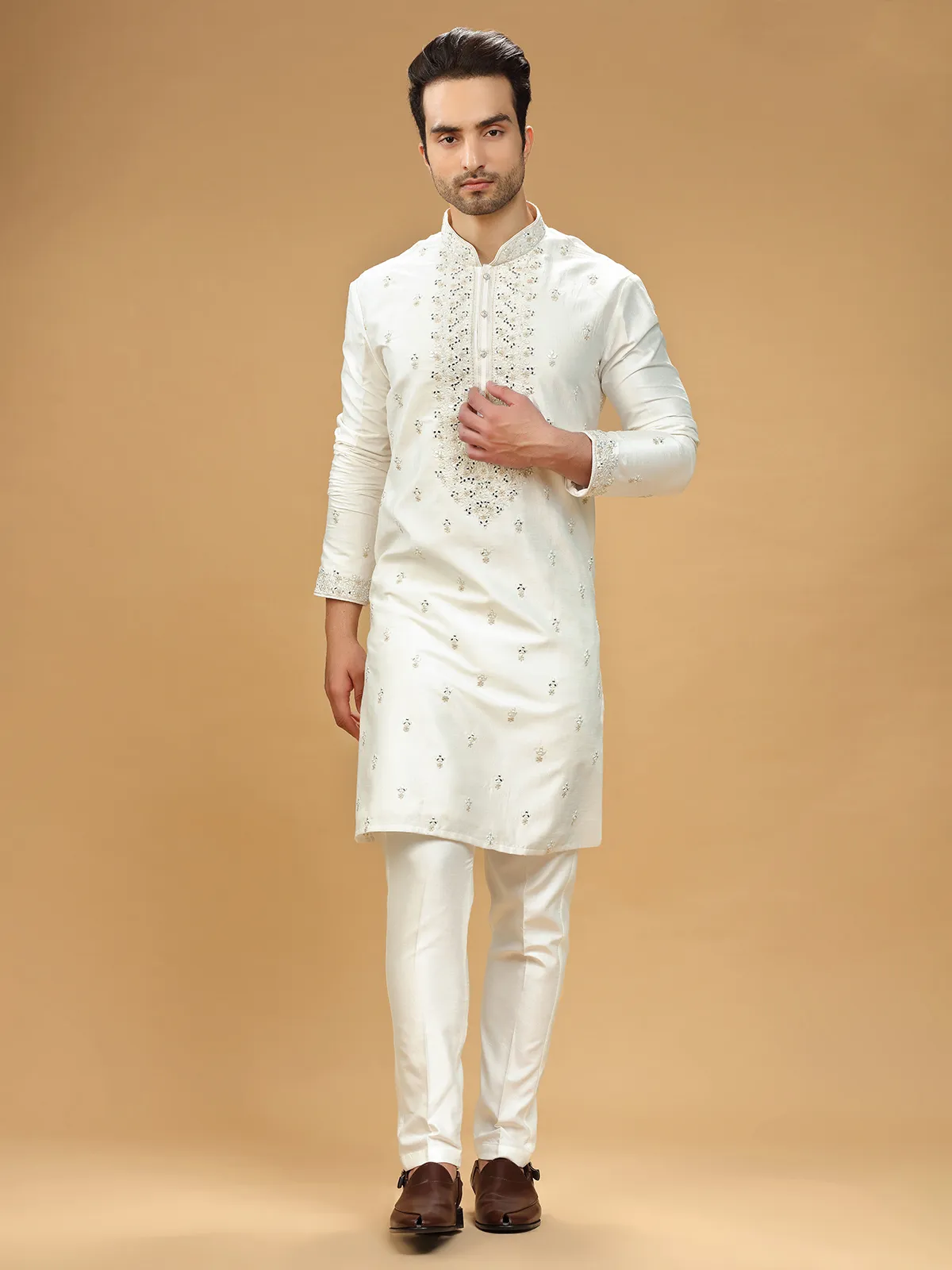 Silk cream embroidery  Men Kurta pajama