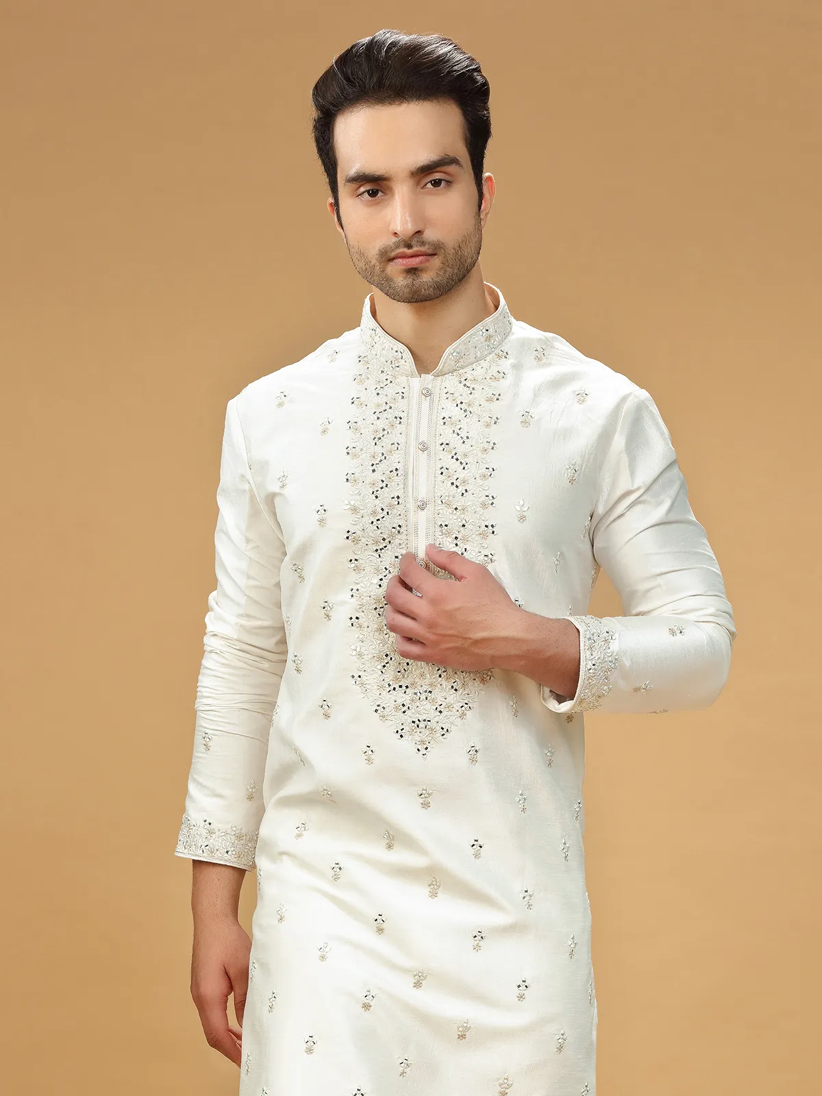 Silk cream embroidery kurta suit