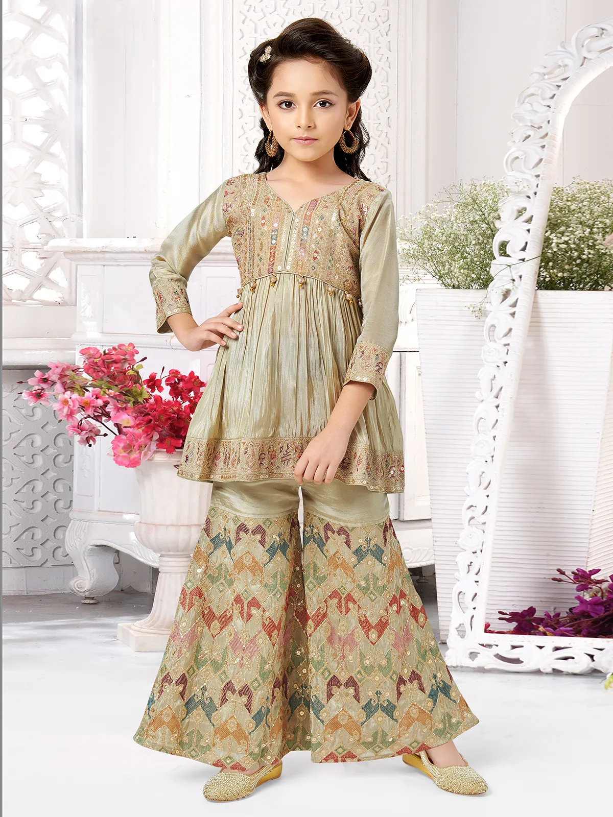 Silk cream palazzo suit for girls