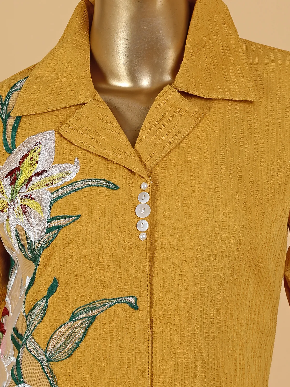 Silk emboidery co ord set in mustard yellow