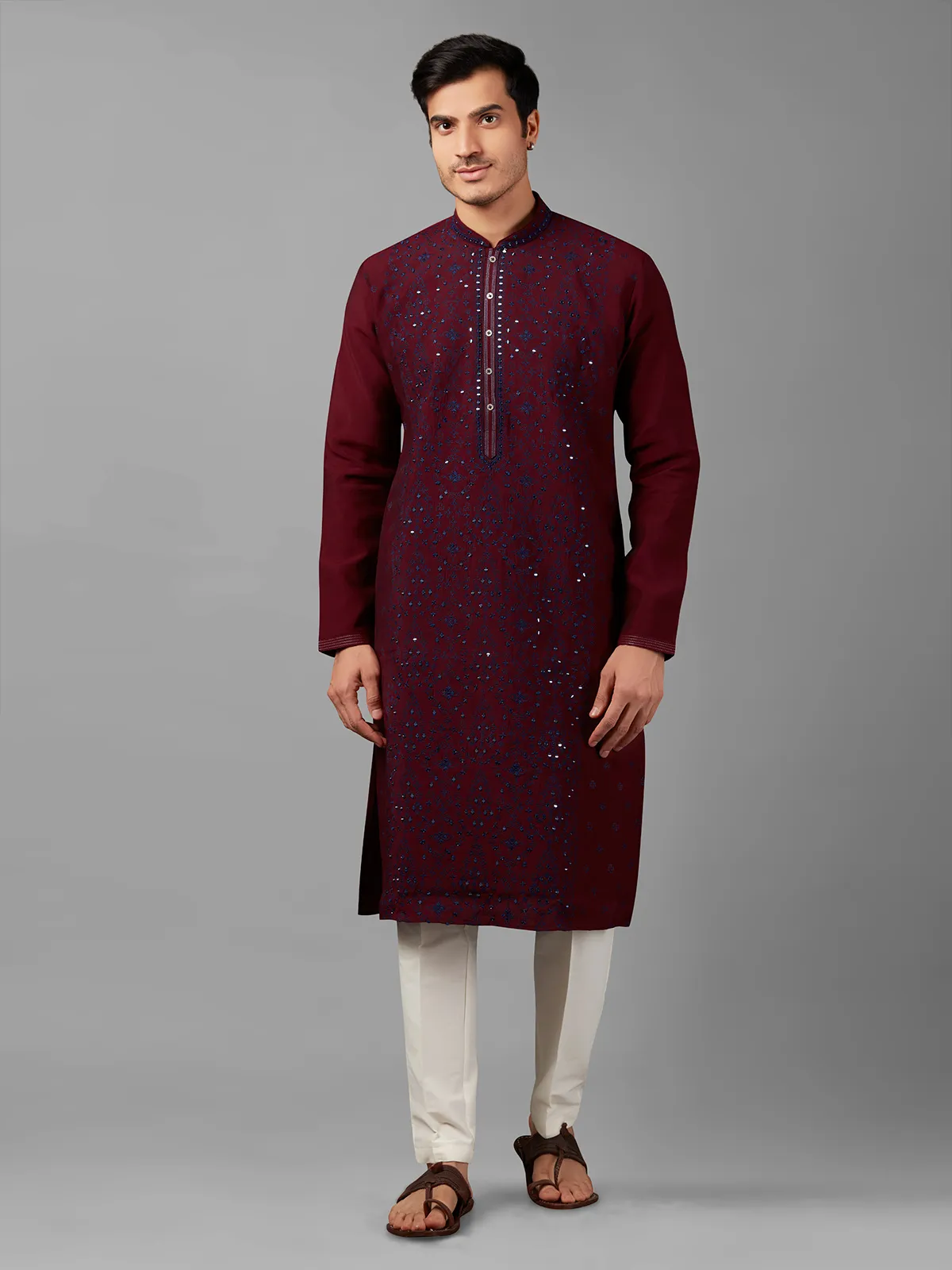 Silk embroidery maroon  Men Kurta pajama