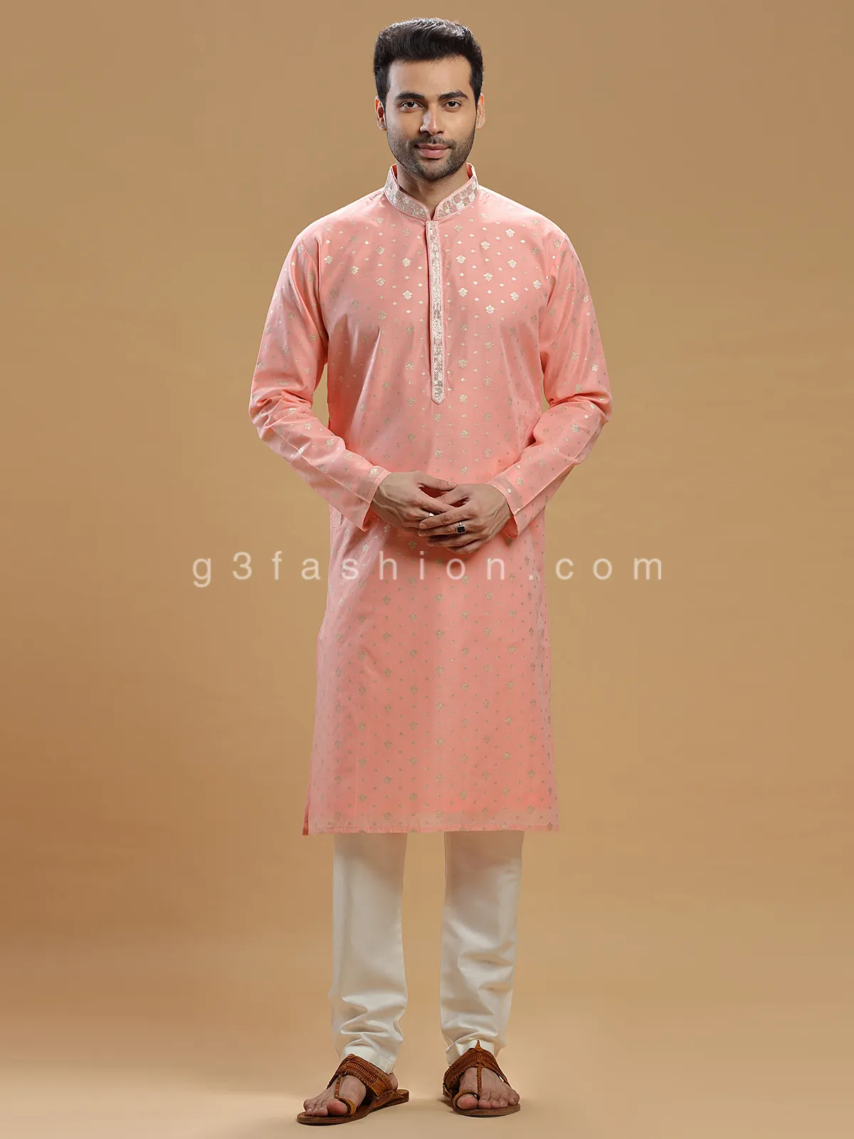 Silk festive kurta suit in peach for men