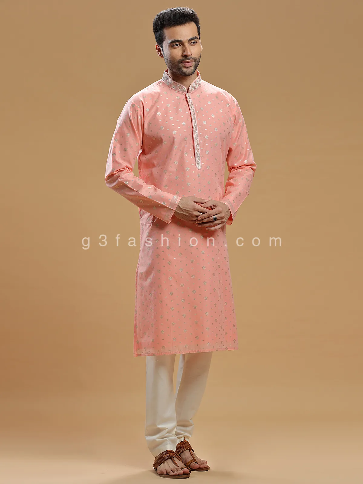 Silk festive  Kurta pajama in peach for men