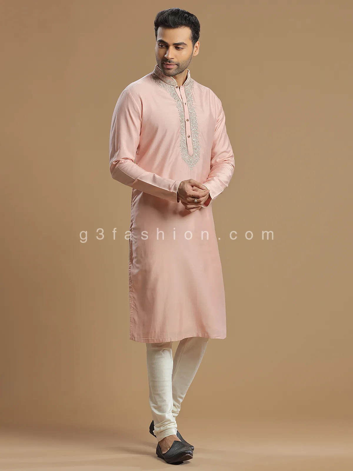 Silk festive kurta suit in powder pink color