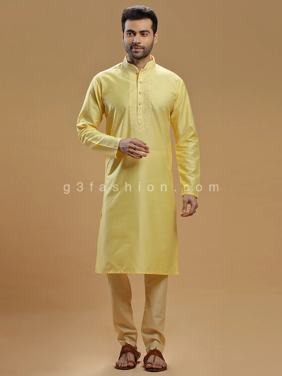 Silk festive wear light yellow kurta suit