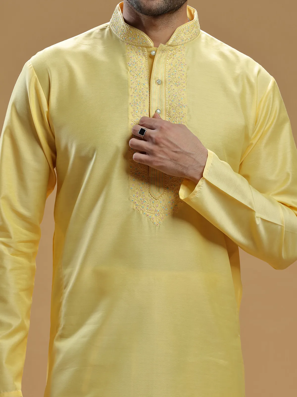 Silk festive wear light yellow kurta suit