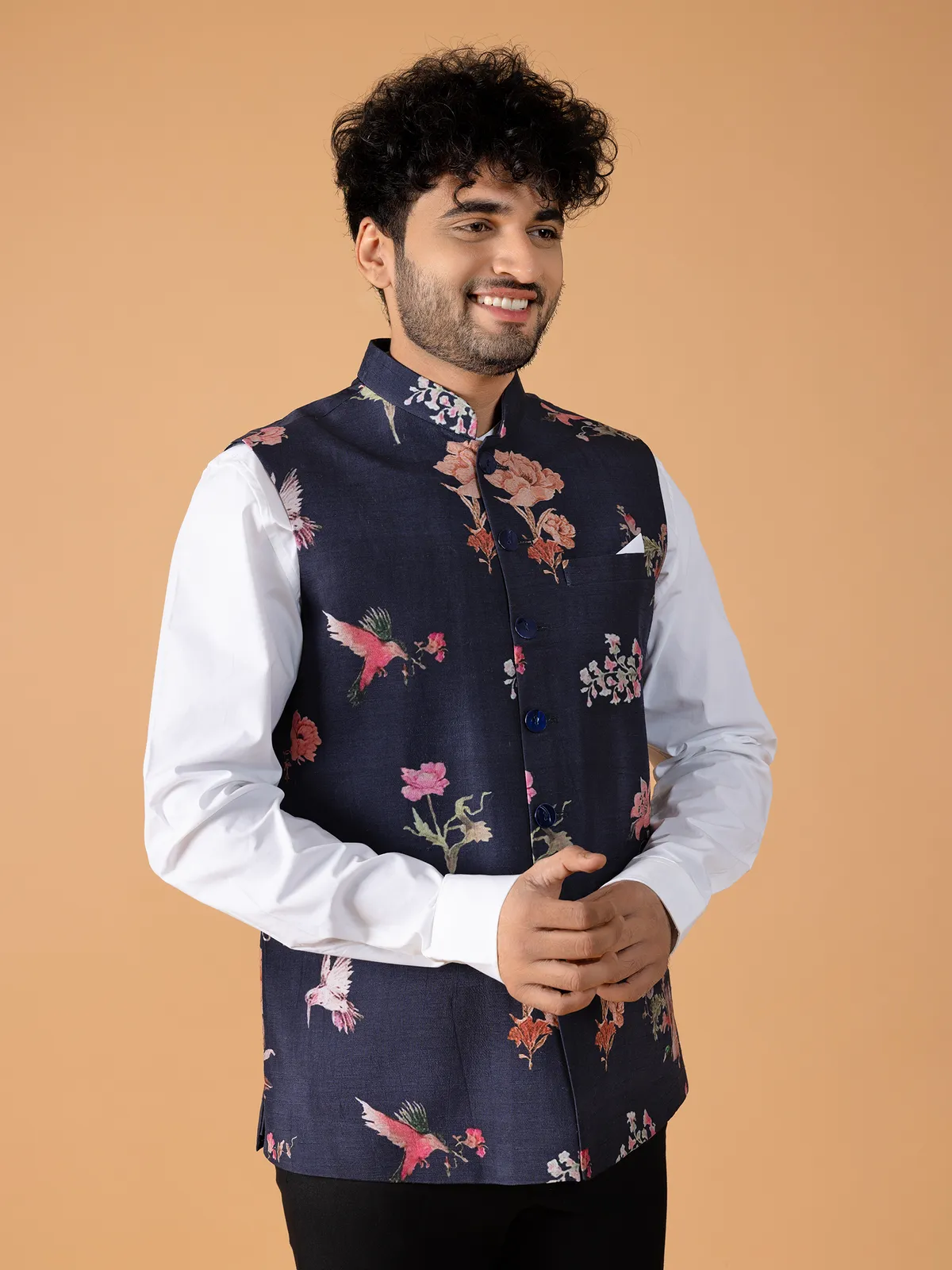 Silk floral printed navy waistcoat