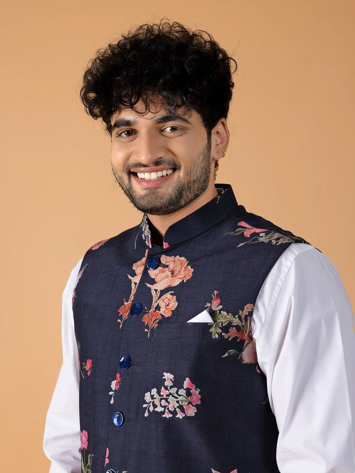 Silk floral printed navy waistcoat