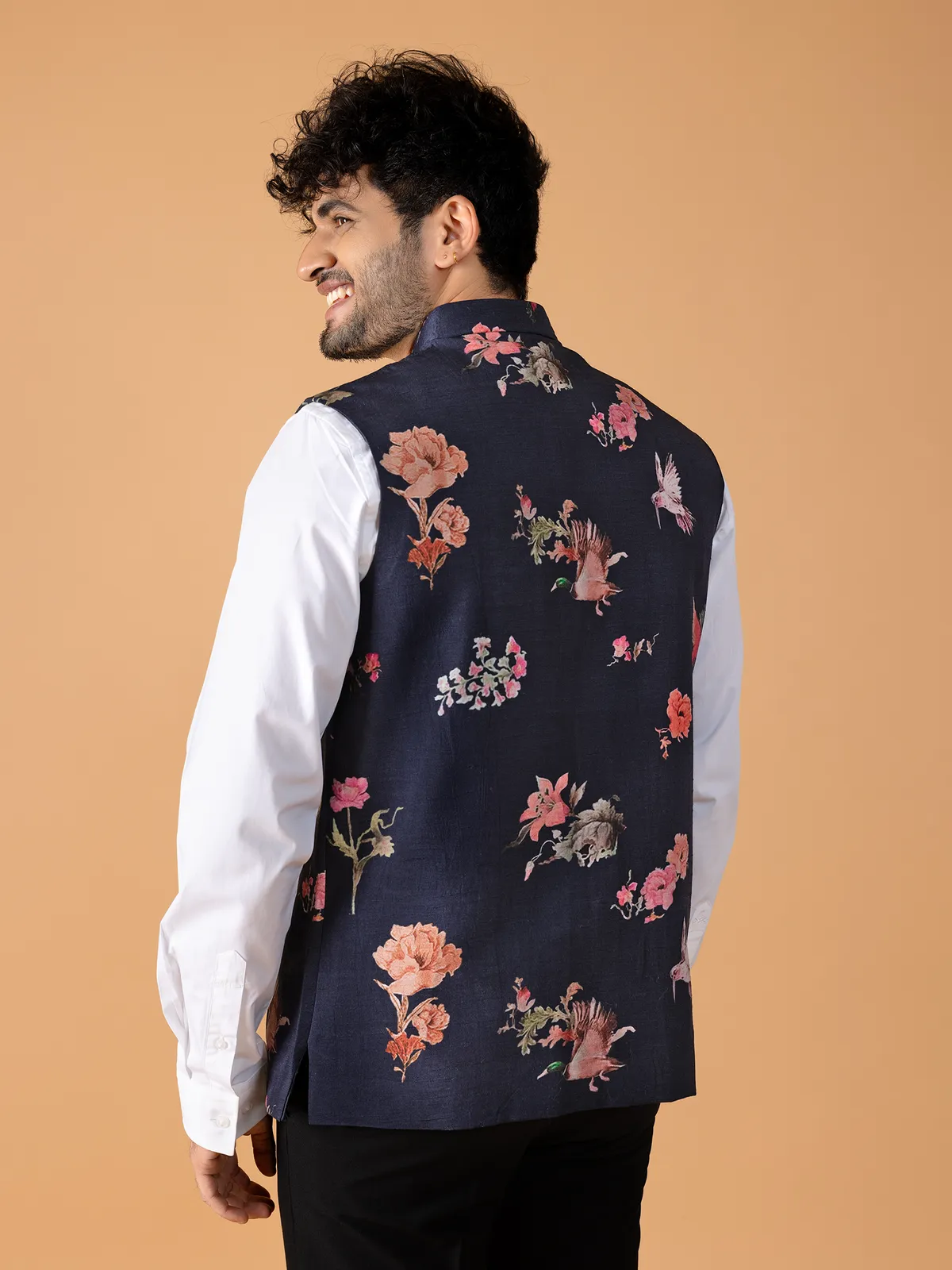 Silk floral printed navy waistcoat