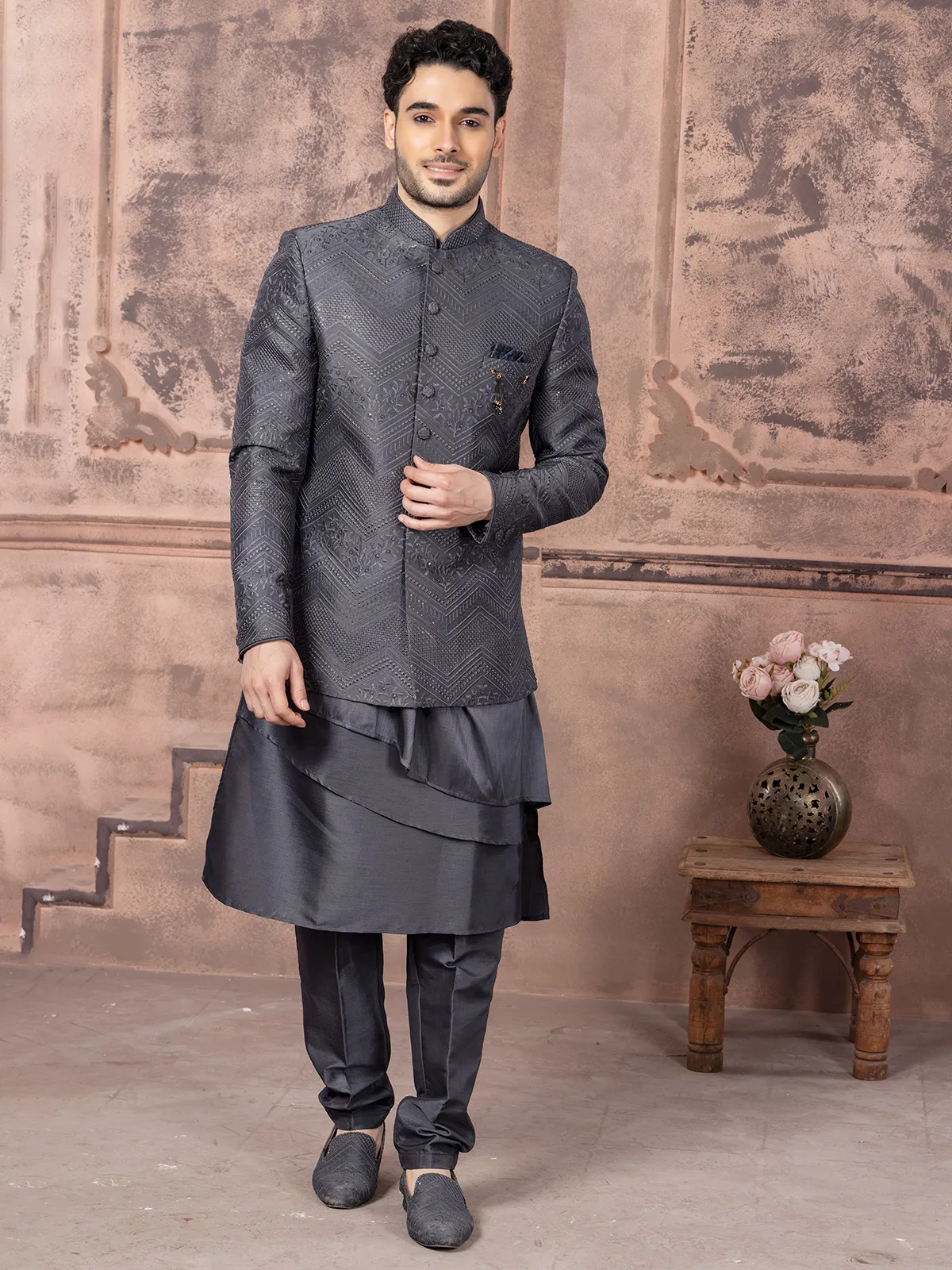 Silk grey wedding indowestern