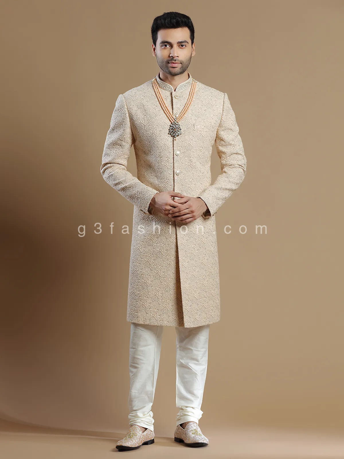 Silk groom and wedding wear sherwani in peach