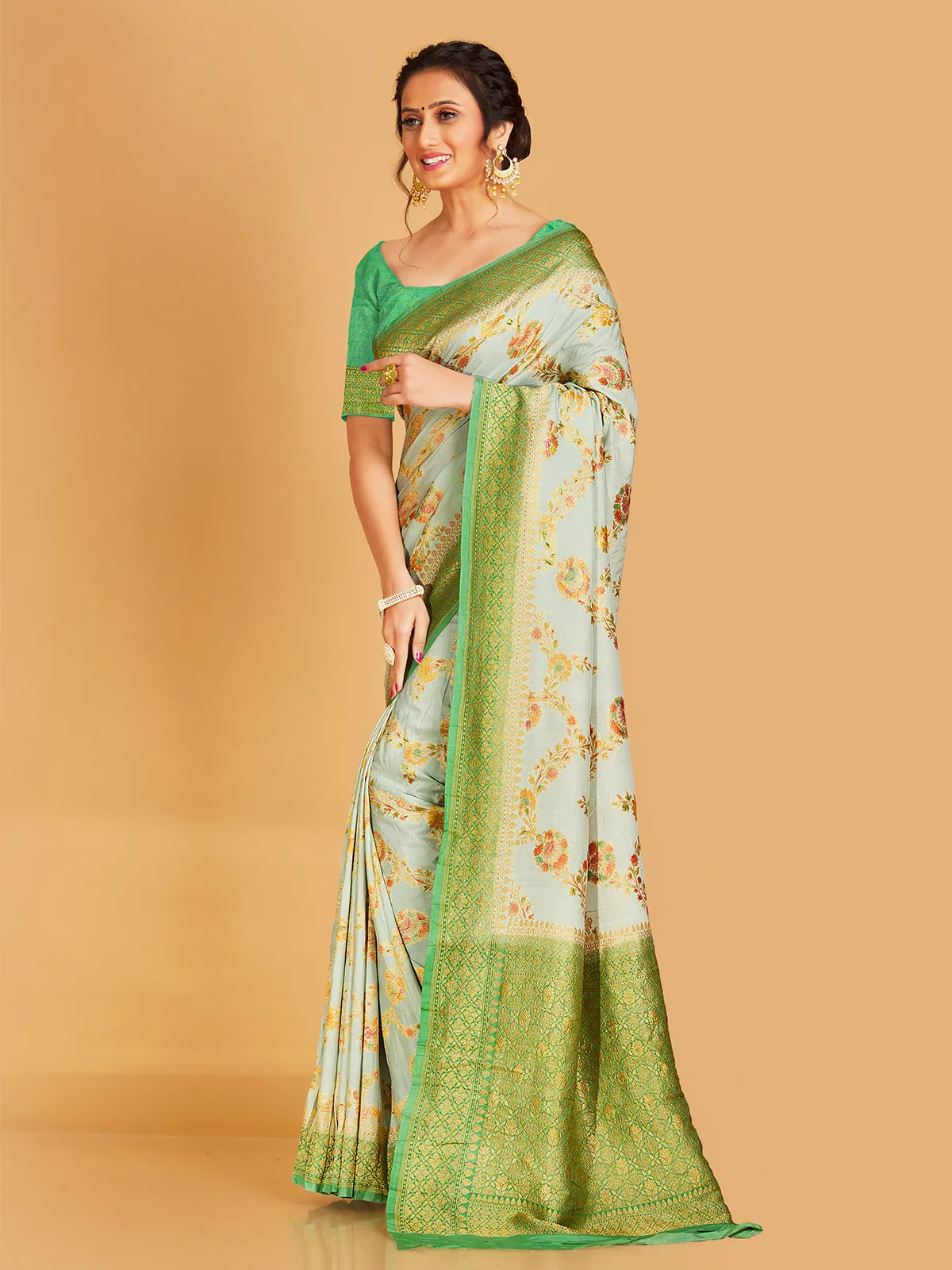 Silk sage green zari weaving saree