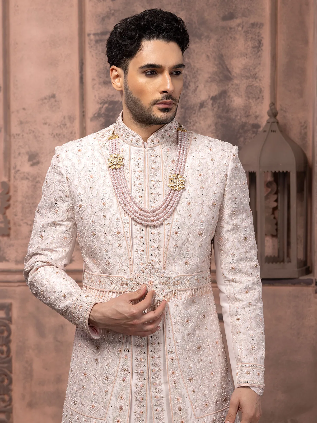 Silk light pink sherwani with embroidery